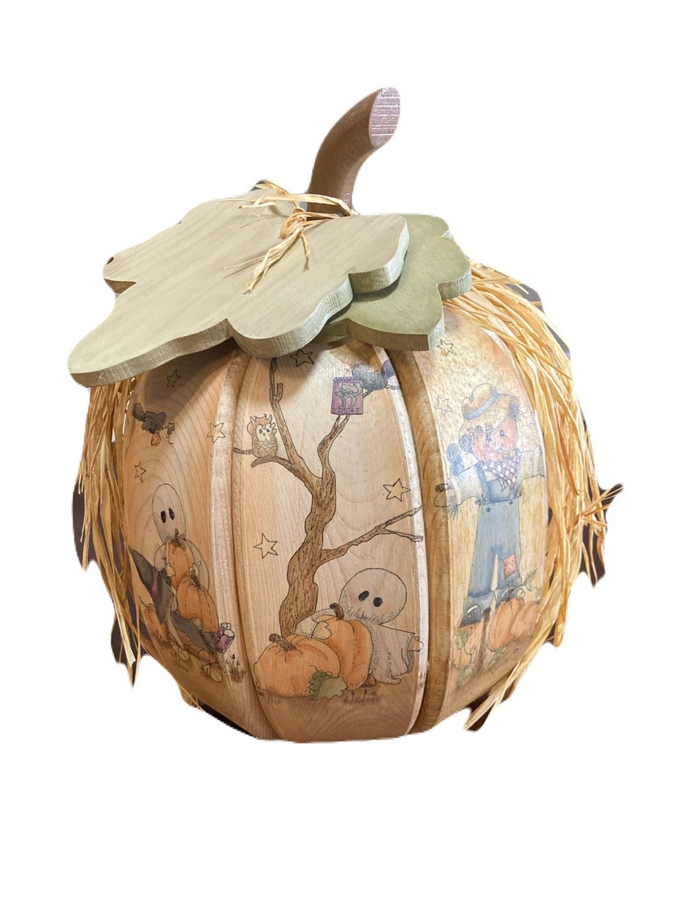 Vintage Hand Painted Wooden Fall Pumpkin Centerpiece With Ghost & Scarecrow Art - Picture 2 of 15